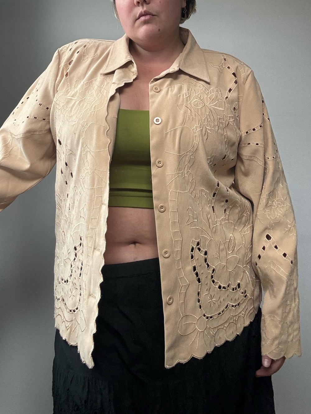 Susan Graver Tan Embroidered Eyelet Top